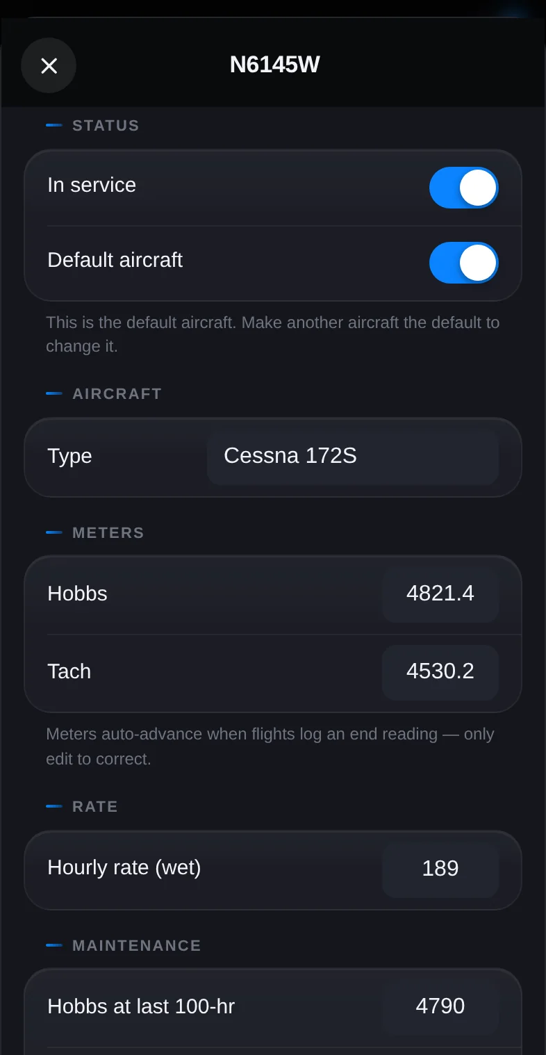 An aircraft detail on an iPhone showing Hobbs, Tach, and maintenance status.