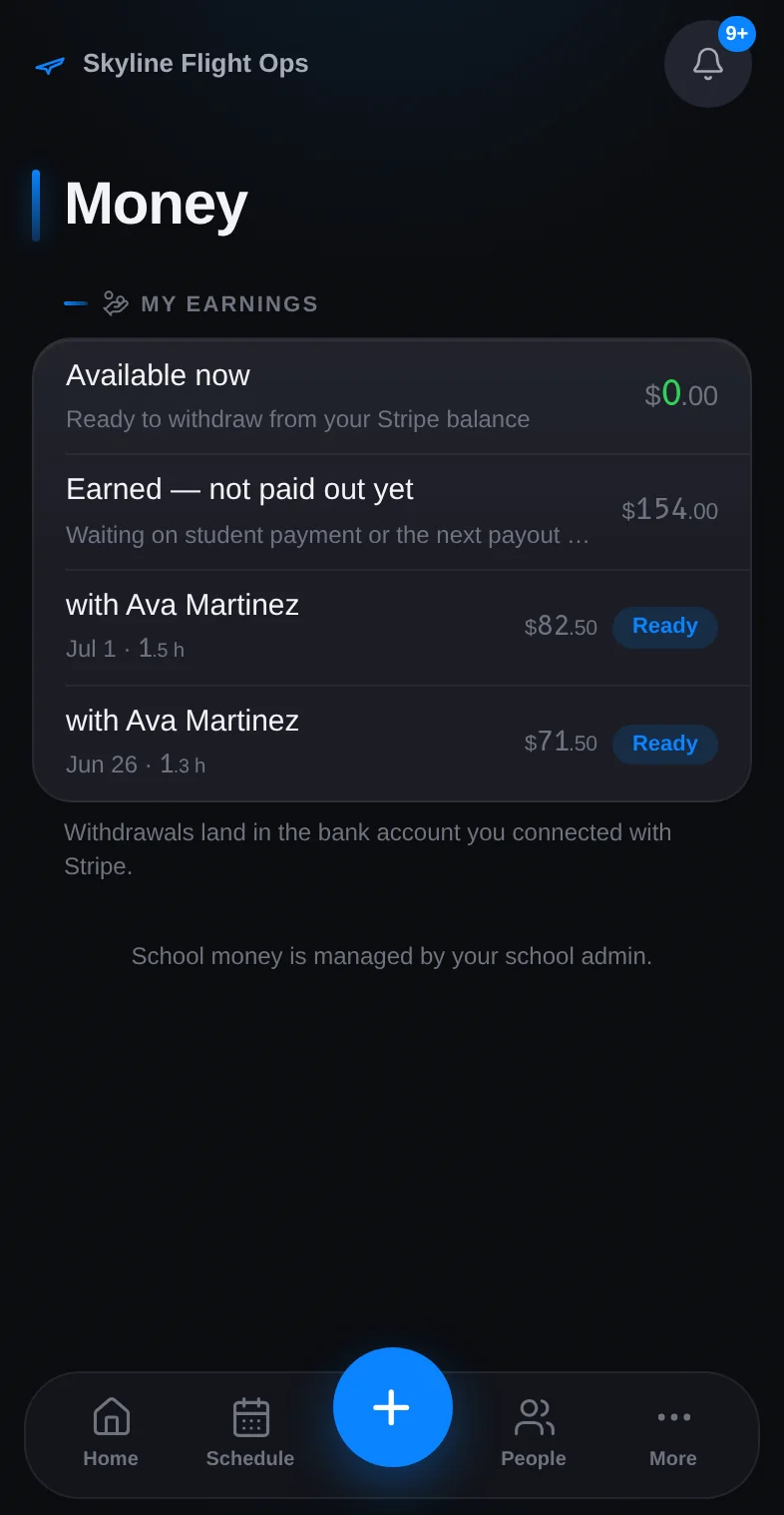 An instructor's earnings view on an iPhone with flights and amounts for the period.