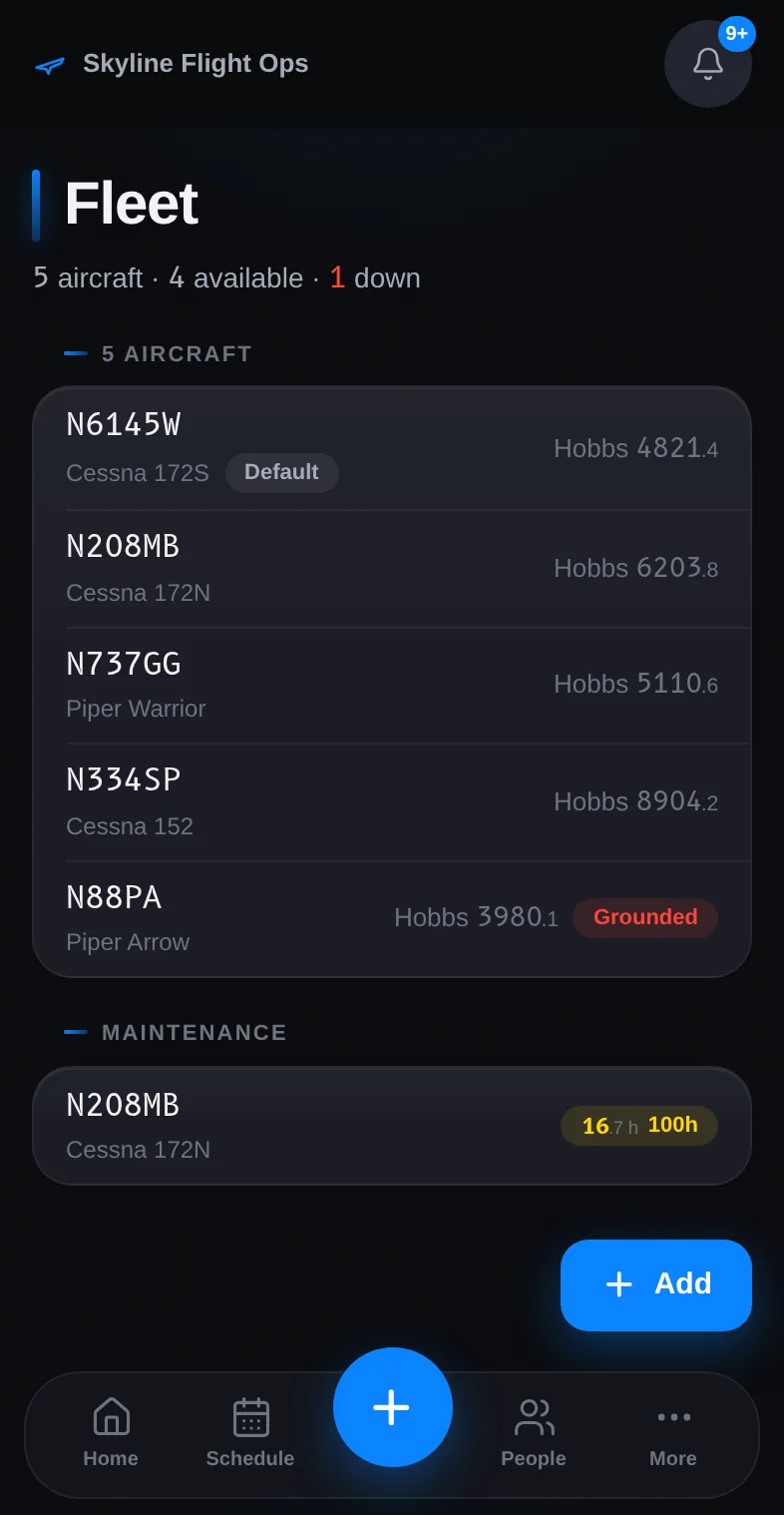 StratusLog fleet screen on an iPhone listing aircraft with Hobbs, Tach, and status.