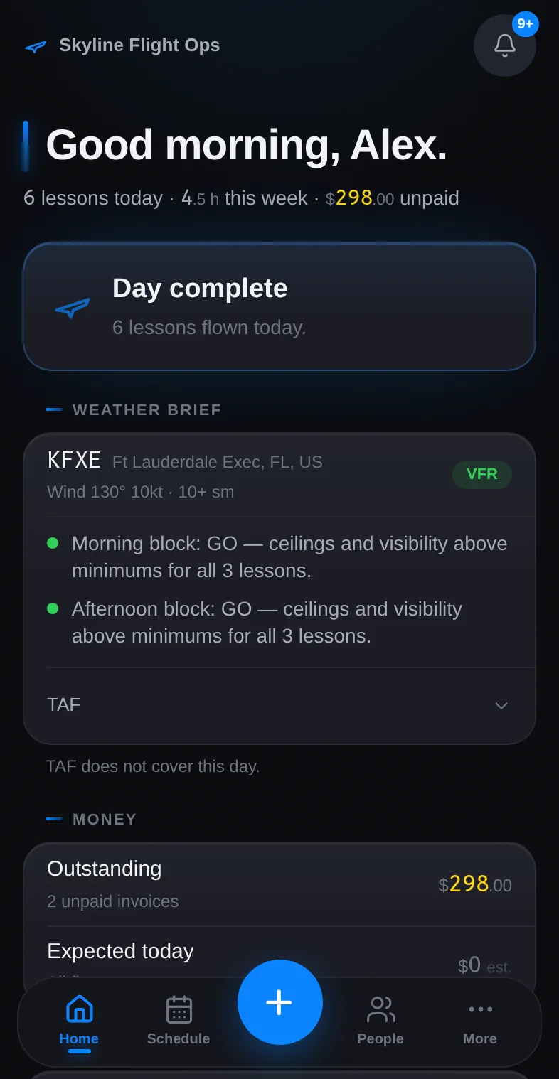 StratusLog home screen on an iPhone showing today's lessons and the morning weather brief.