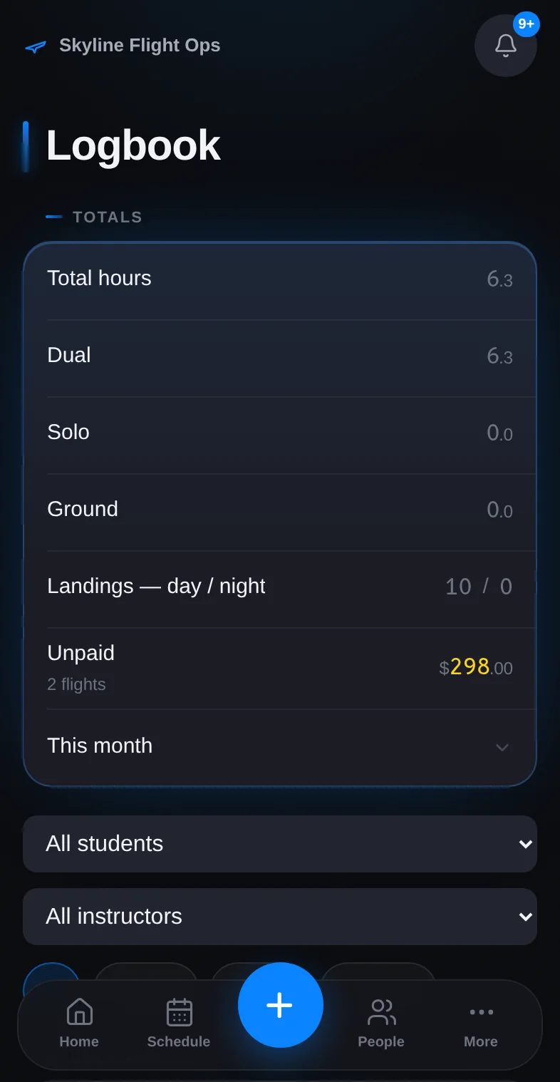 StratusLog logbook on an iPhone: a list of flights with tail numbers, durations, and totals.