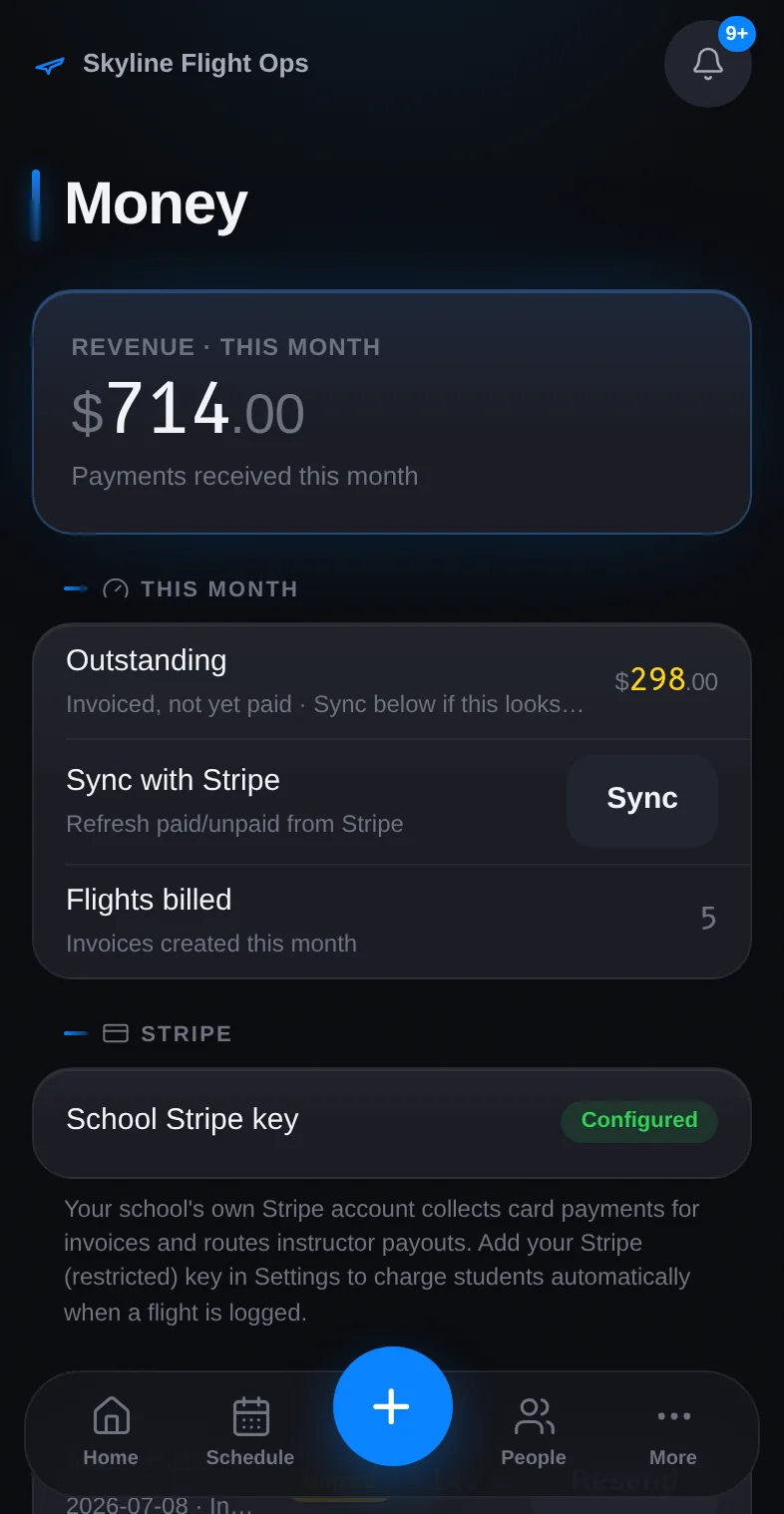 StratusLog money screen on an iPhone: unpaid and paid invoices with amounts.