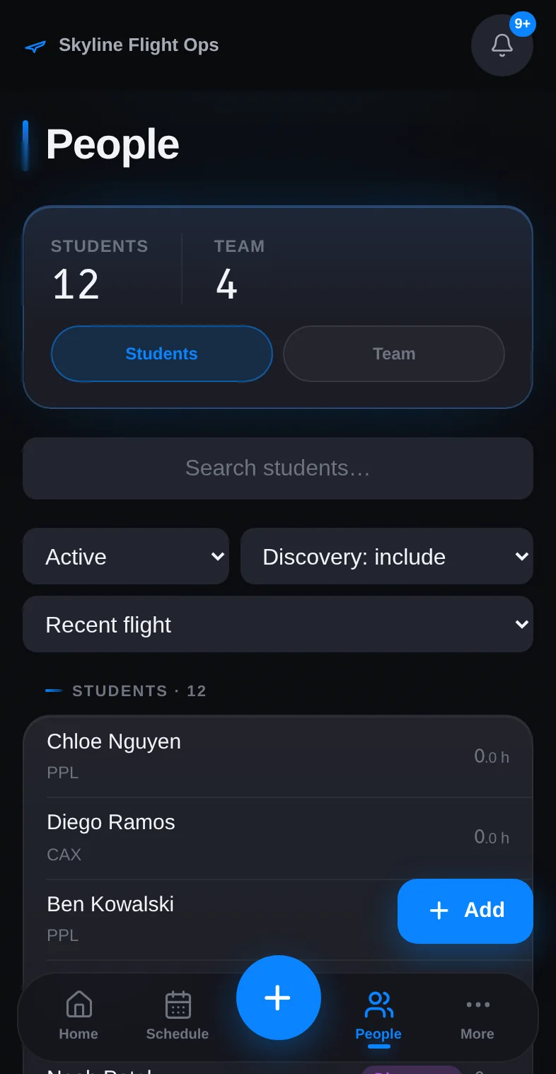 The people screen on an iPhone listing students and instructors.