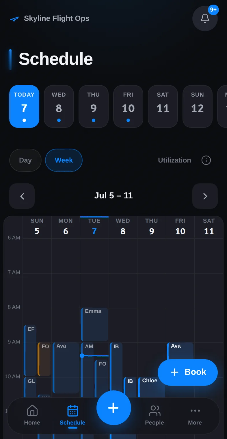 StratusLog schedule on an iPhone: a day board with lanes for each aircraft and instructor, lessons shown as coloured blocks.