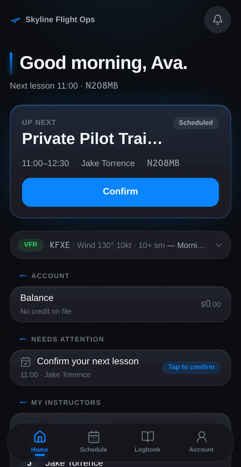 The student portal on an iPhone showing upcoming lessons and an invoice to pay.